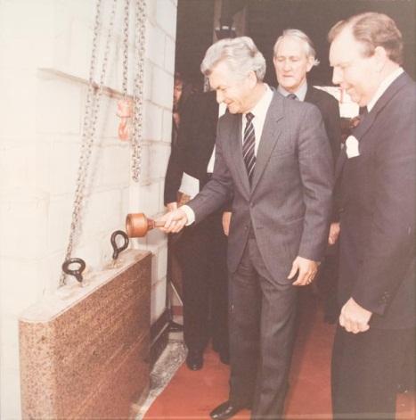 Untitled (Prime Minister Bob Hawke laying the foundation stone with mallet, Parliament House)